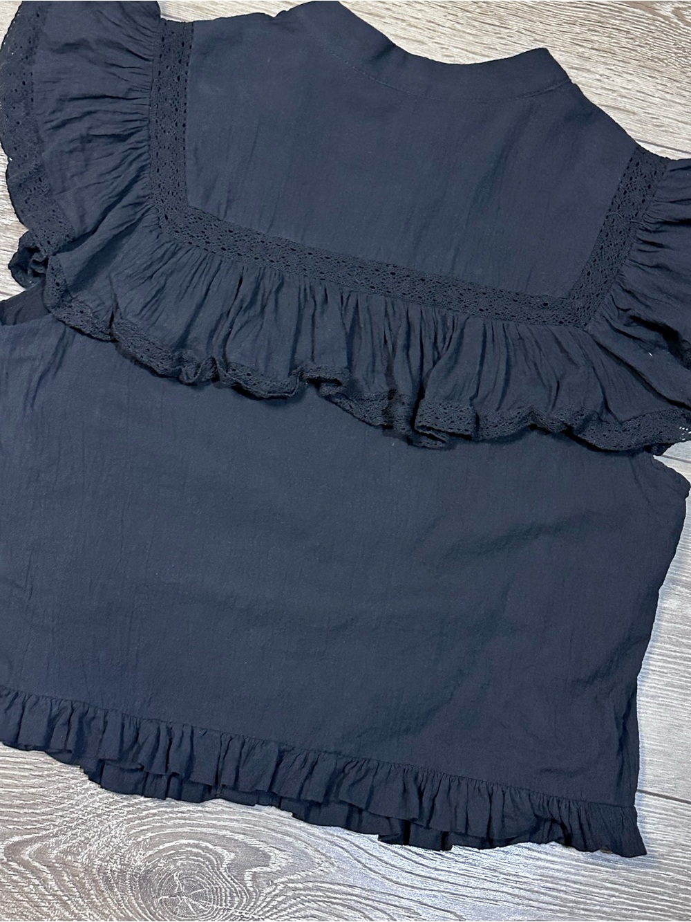 Day + Moon Button Up Flutter Sleeve Ruffle Whimsigoth Top Crochet Detailing - Picture 15 of 15